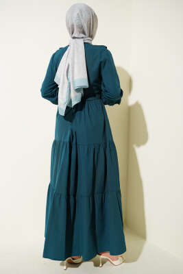 Yaka Fırfırlı Nakışlı Poplin Elbise Zümrüt - Elbise