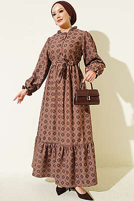 Yaka Fırfırlı Otantik Elbise Haki - FENDEL