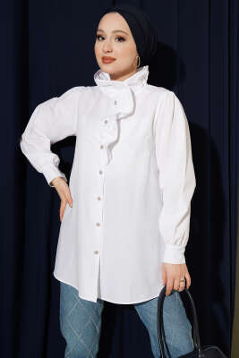 Yaka Fırfırlı Taş Düğmeli Gömlek Beyaz - TABLO FASHİON