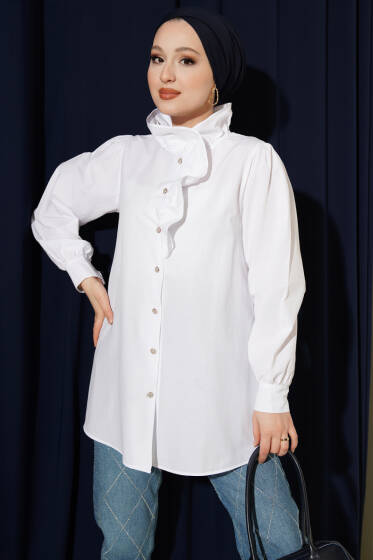 Yaka Fırfırlı Taş Düğmeli Gömlek Beyaz - Gömlek