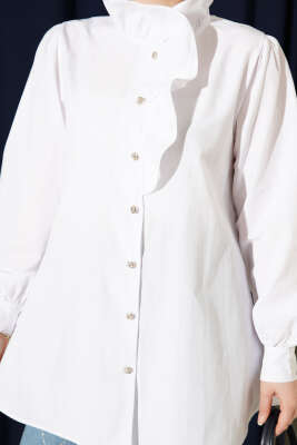 Yaka Fırfırlı Taş Düğmeli Gömlek Beyaz - Gömlek
