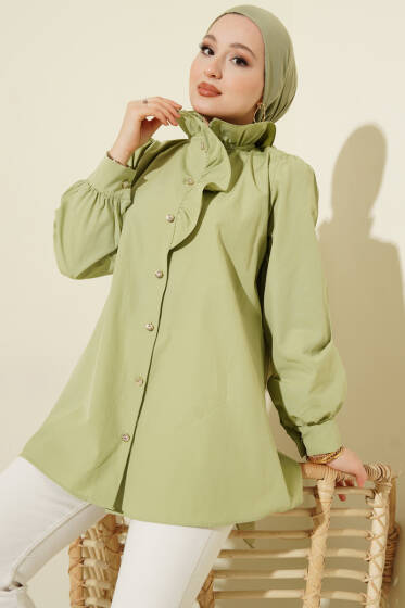 Yaka Fırfırlı Taş Düğmeli Gömlek Çağla Yeşili - Gömlek