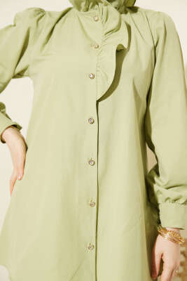 Yaka Fırfırlı Taş Düğmeli Gömlek Çağla Yeşili - Gömlek