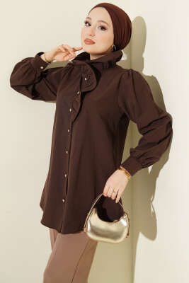 Yaka Fırfırlı Taş Düğmeli Gömlek Kahve - TABLO FASHİON
