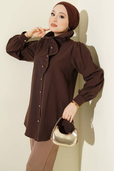 Yaka Fırfırlı Taş Düğmeli Gömlek Kahve - Gömlek