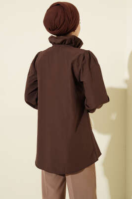 Yaka Fırfırlı Taş Düğmeli Gömlek Kahve - Gömlek