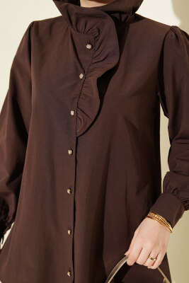 Yaka Fırfırlı Taş Düğmeli Gömlek Kahve - Gömlek