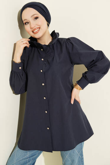 Yaka Fırfırlı Taş Düğmeli Gömlek Lacivert - 300-500 TL Ürünler