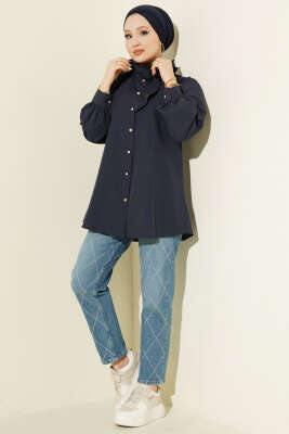 Yaka Fırfırlı Taş Düğmeli Gömlek Lacivert - Gömlek