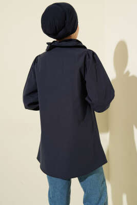 Yaka Fırfırlı Taş Düğmeli Gömlek Lacivert - Gömlek