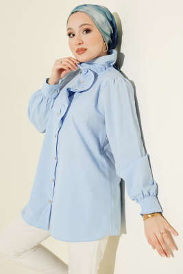 Yaka Fırfırlı Taş Düğmeli Gömlek Mavi - TABLO FASHİON