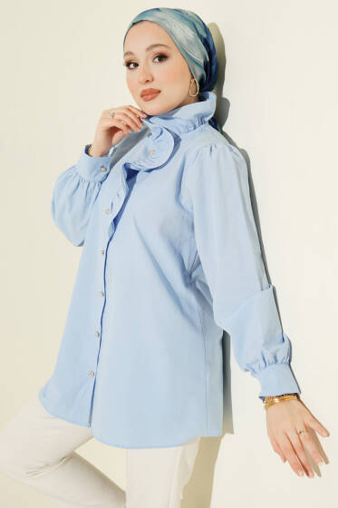 Yaka Fırfırlı Taş Düğmeli Gömlek Mavi - Gömlek