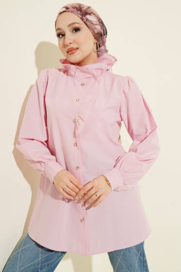 Yaka Fırfırlı Taş Düğmeli Gömlek Pembe - Gömlek