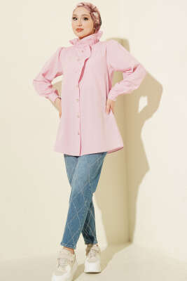 Yaka Fırfırlı Taş Düğmeli Gömlek Pembe - Gömlek