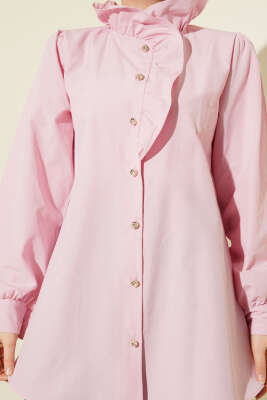 Yaka Fırfırlı Taş Düğmeli Gömlek Pembe - Gömlek