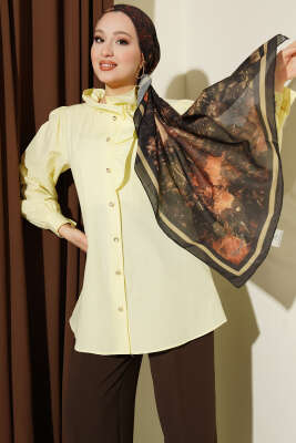 Yaka Fırfırlı Taş Düğmeli Gömlek Sarı - TABLO FASHİON