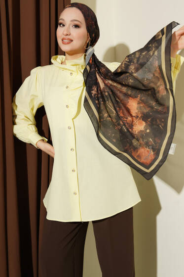 Yaka Fırfırlı Taş Düğmeli Gömlek Sarı - Gömlek