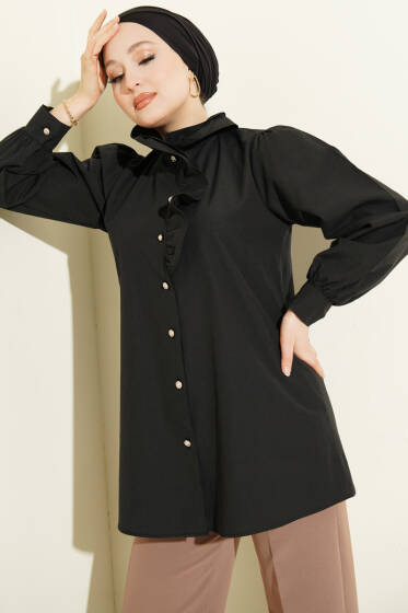 Yaka Fırfırlı Taş Düğmeli Gömlek Siyah - Gömlek
