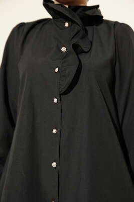 Yaka Fırfırlı Taş Düğmeli Gömlek Siyah - Gömlek