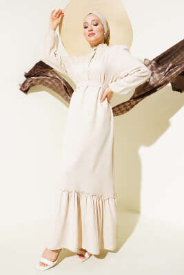 Yaka Fırfırlı Volanlı Elbise Bej 