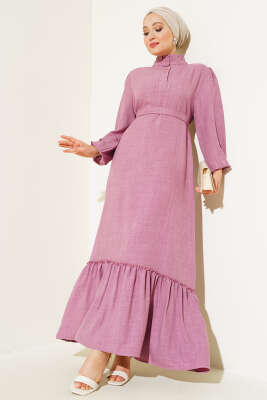 Yaka Fırfırlı Volanlı Elbise Gül Kurusu - YAZGI TEKSTİL