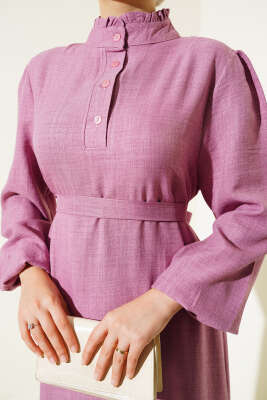 Yaka Fırfırlı Volanlı Elbise Gül Kurusu - Tesettür Elbise