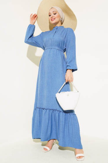 Yaka Fırfırlı Volanlı Elbise İndigo - Elbise