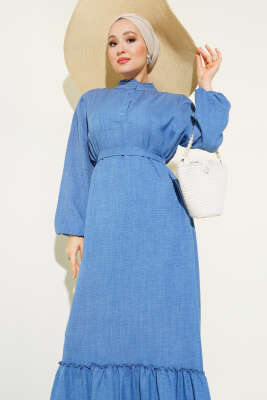 Yaka Fırfırlı Volanlı Elbise İndigo - Tesettür Elbise