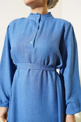 Yaka Fırfırlı Volanlı Elbise İndigo - Tesettür Elbise