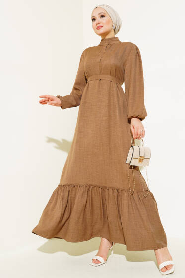 Yaka Fırfırlı Volanlı Elbise Kahve - Elbise