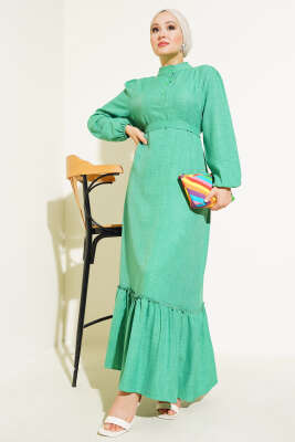 Yaka Fırfırlı Volanlı Elbise Yeşil - Tesettür Elbise