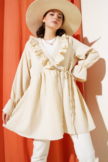 Yaka Fırfırlı Yan İp Bağlamalı Kimono Bej - Dış Giyim&Mont