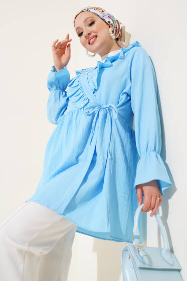Yaka Fırfırlı Yan İp Bağlamalı Kimono Buz Mavisi - Dış Giyim&Mont