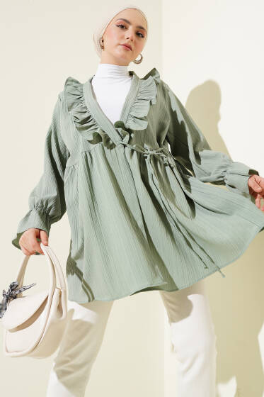 Yaka Fırfırlı Yan İp Bağlamalı Kimono Çağla Yeşili - Dış Giyim&Mont