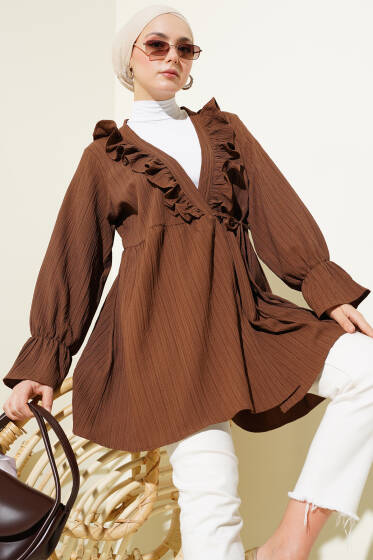 Yaka Fırfırlı Yan İp Bağlamalı Kimono Kahve - Dış Giyim&Mont