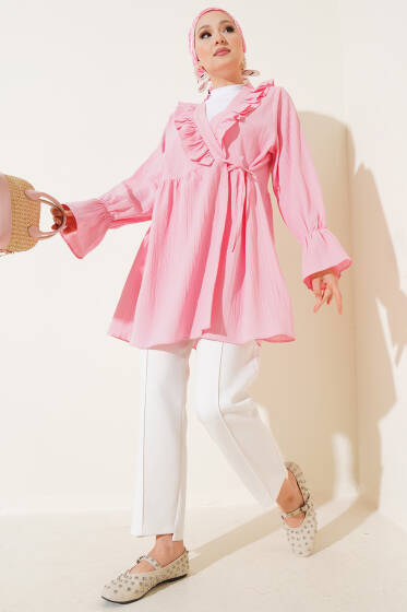 Yaka Fırfırlı Yan İp Bağlamalı Kimono Pembe - Dış Giyim&Mont