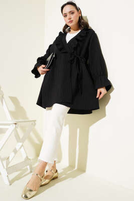 Yaka Fırfırlı Yan İp Bağlamalı Kimono Siyah - 300-500 TL Ürünler