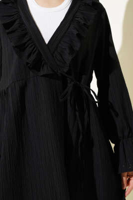 Yaka Fırfırlı Yan İp Bağlamalı Kimono Siyah - 300-500 TL Ürünler
