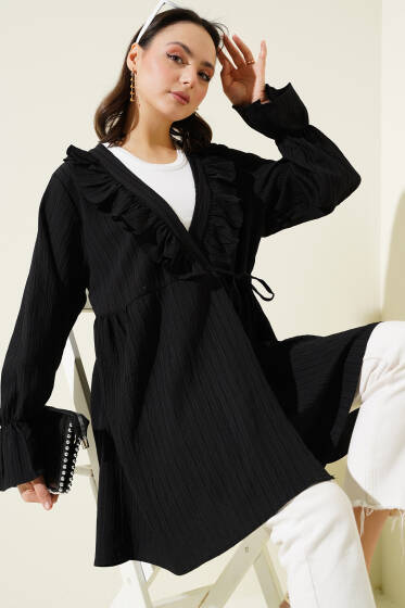 Yaka Fırfırlı Yan İp Bağlamalı Kimono Siyah - Dış Giyim&Mont