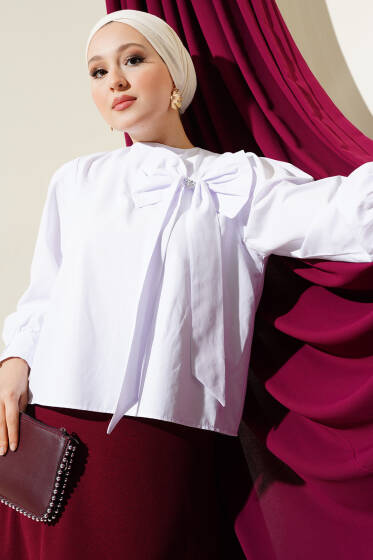 Yaka Fiyonk Aksesuarlı Bluz Beyaz - Bluz