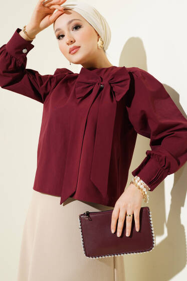 Yaka Fiyonk Aksesuarlı Bluz Bordo - Bluz