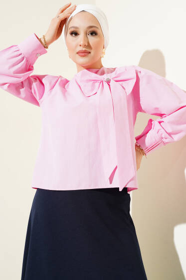 Yaka Fiyonk Aksesuarlı Bluz Pembe - Bluz