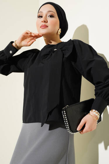 Yaka Fiyonk Aksesuarlı Bluz Siyah - Bluz