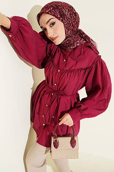 Yaka Fiyonk Detaylı Tunik Bordo - Tunik