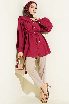 Yaka Fiyonk Detaylı Tunik Bordo - Tunik