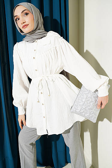 Yaka Fiyonk Detaylı Tunik Ekru - Tunik