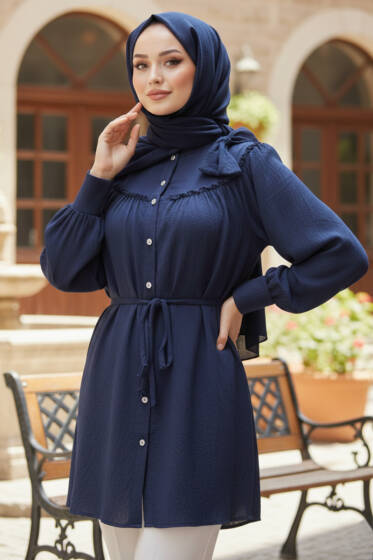 Yaka Fiyonk Detaylı Tunik Lacivert - Tunik