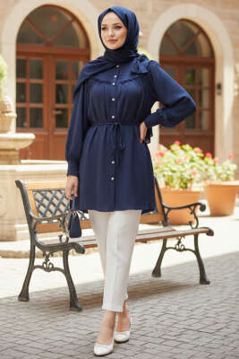 Yaka Fiyonk Detaylı Tunik Lacivert - Tunik