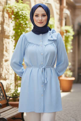 Yaka Fiyonk Detaylı Tunik Mavi 