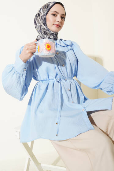 Yaka Fiyonk Detaylı Tunik Mavi - Tunik